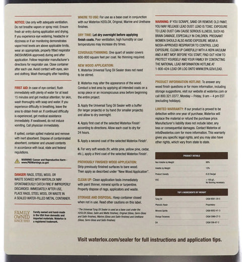 Back label of Universal Tung Oil Sealer Base Coat For Wood 1 Gallon, showing instructions and safety information.