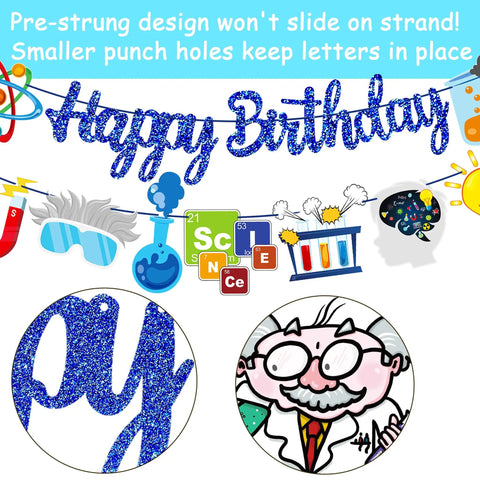 Blue Science Birthday Party Banner Set With Chemistry Lab Elements Garlands Featuring Test Tubes DNA Strands Microscope And Periodic Table Decor For Science Theme Party And Baby Shower That Kids Will Dig, with glittery Happy Birthday lettering