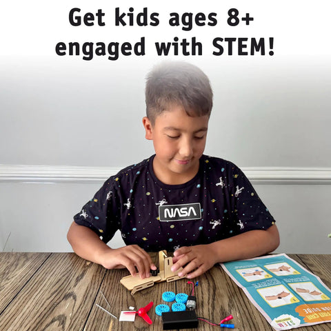 Motorized Fan Powered STEM Racers Kit For Ages 8 And Up Build And Race 10 Cars Hands On Learning For STEM Club And After School, boy assembling a wooden fan-powered car kit
