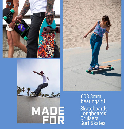 Fireball Dragon Ceramic skateboard bearings 8-pack collage showing skaters with boards for skateboards and longboards