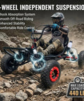 Individual riding Family Fun Gas Powered Go Kart With 63cc 2 Stroke EPA Engine on rocky terrain, showcasing suspension.