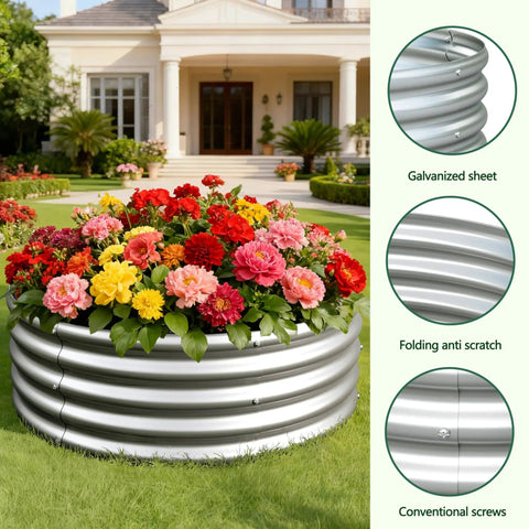 3X3X1Ft Galvanized Round Raised Garden Bed Kit Outdoor Planter Box with colorful flowers installed on a patio