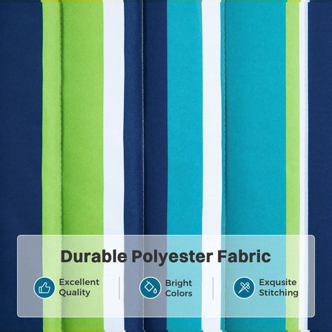Close-up of Two Person Quilted Outdoor Hammock fabric, showing durable polyester with green, blue, and white stripes.