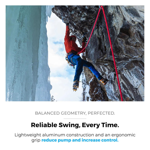 Climber using Raptor Ice Tool For Technical Ice Climbing And Mountaineering With Dope Modular Picks on icy rock face.