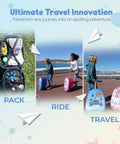 Unicorn ride-on kid's suitcase with built-in scooter; blue and pink carry-on luggage (two shown).