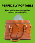 Totally Slick Bluetooth Label Maker With Free Mobile App Control being carried in a brown handbag for portability.