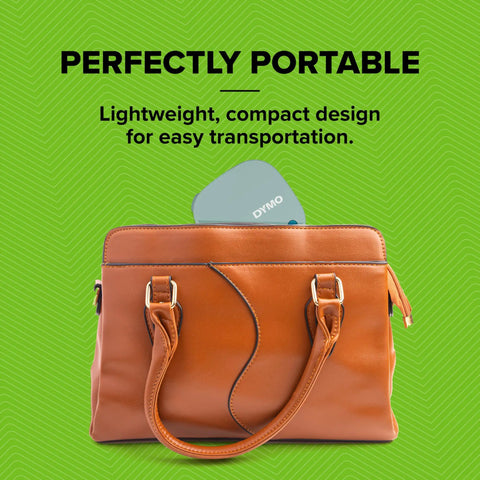 Totally Slick Bluetooth Label Maker With Free Mobile App Control being carried in a brown handbag for portability.