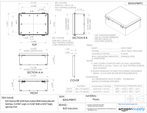 Technical drawing of Plastic Outdoor NEMA Weatherproof Box With Stainless Steel Mounting Brackets And Hardware, IP66 And NEMA 1, 2, 4, And 4X rated, gray, showing dimensions and components.