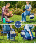 Collage of Beefy Heavy Duty Garden Kneeler And Seat with Thick Kneeling Pad, tool pouch, converts to chair, supports 838 lbs.