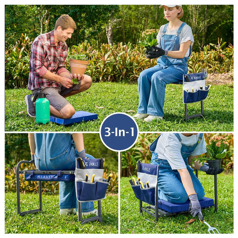 Collage of Beefy Heavy Duty Garden Kneeler And Seat with Thick Kneeling Pad, tool pouch, converts to chair, supports 838 lbs.