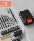 Cordless Drill Set For DIY Projects Go To 20V Power Drill With 2Ah Battery And Charger Three Eighths Inch Keyless Chuck 25 Plus 1 Clutch 42 Piece Drill Driver Bits And Screws Kit Orange with 42 accessories including bits and charger.