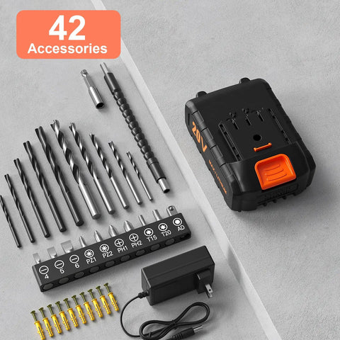 Cordless Drill Set For DIY Projects Go To 20V Power Drill With 2Ah Battery And Charger Three Eighths Inch Keyless Chuck 25 Plus 1 Clutch 42 Piece Drill Driver Bits And Screws Kit Orange with 42 accessories including bits and charger.