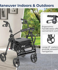 No Sweat Folding Rollator Walker And Transport Chair Combo With Slick Frame Smooth Ride Adjustable Backrest Supports Three Hundred Pounds for ergonomic control and smooth navigation outdoors.
