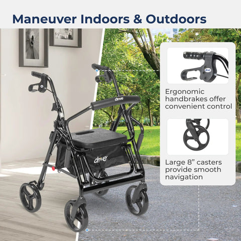 No Sweat Folding Rollator Walker And Transport Chair Combo With Slick Frame Smooth Ride Adjustable Backrest Supports Three Hundred Pounds for ergonomic control and smooth navigation outdoors.