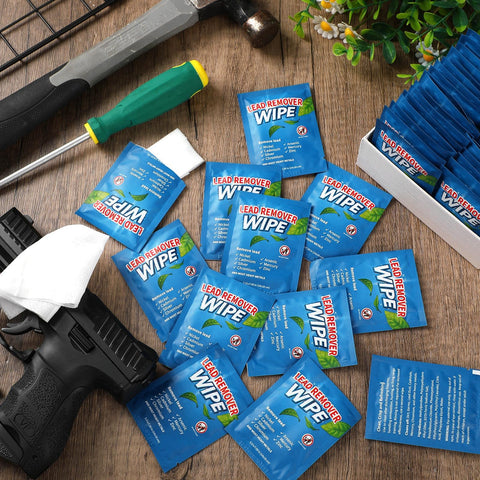 100 Pack Lead Remover Wipes for Shooting Ranges and Industrial Cleaning, individually wrapped wipes with tools and handgun.