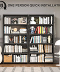 Rock Solid 5 Tier Metal Bookshelf Black Heavy Duty Industrial Bookcase 69 Inches Tall Steel Storage Shelves with books and decor
