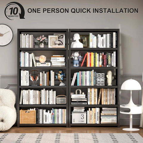Rock Solid 5 Tier Metal Bookshelf Black Heavy Duty Industrial Bookcase 69 Inches Tall Steel Storage Shelves with books and decor