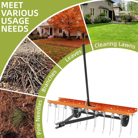 40 Inch Orange Tow Behind Dethatcher With 24 Spring Steel Tines For Removing Thatch Leaves And Needles From Large Lawns Heavy Duty Pull Behind Lawn Rake For Outdoor Yard Care And Garden Farm Use