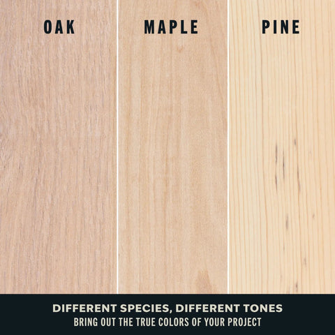 Premium Antique White Oil Based Wood Stain Spray Hits Intricate Corners And Gap Lines Super Fast Without Any Drama While Leaving A Slick Velvet Finish on oak, maple, and pine wood samples.