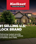 Kwikset Signature Series home security promotion with brick house and garden at dusk.