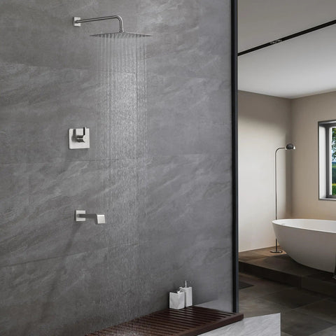 Rain Shower System With Waterfall Tub Spout In Brushed Nickel Two Function Shower Faucet Set With 12 Inch Rain Head