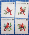 Four Piece Cardinals Cotton Fabric Panel Blocks For Quilting And Sewing, Each Block About 3 By 3 Inches With A One Half Inch Seam Allowance For Finished 4 By 4 Inches, Digitally Printed In The USA On 100 Percent Cotton, four cardinal panel blocks