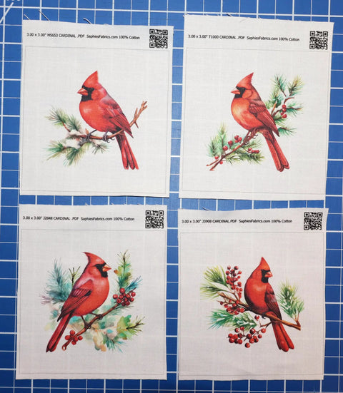 Four Piece Cardinals Cotton Fabric Panel Blocks For Quilting And Sewing, Each Block About 3 By 3 Inches With A One Half Inch Seam Allowance For Finished 4 By 4 Inches, Digitally Printed In The USA On 100 Percent Cotton, four cardinal panel blocks