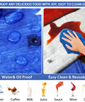 Flag Themed Picnic Table Cover With Bench Covers Set Wood Grain Look Waterproof Windproof No Hassle Outdoor Tablecloth Fitted For 72 Inch Tables And 12 Inch Benches Three Piece Kit Red with blue water droplets and easy cleaning demonstration.