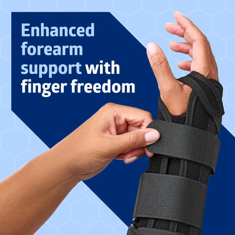 Slip On Wrist And Forearm Splints for Right Arm, Medium, 10 Inch in use with hook and loop straps, enhancing finger mobility.