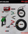 Heavy Duty Foot Mounted Fuel Transfer Pump With Attached Discharge Hose And Auto Nozzle Goes Non Stop Delivering A Steady 25 Gpm high flow output kit.
