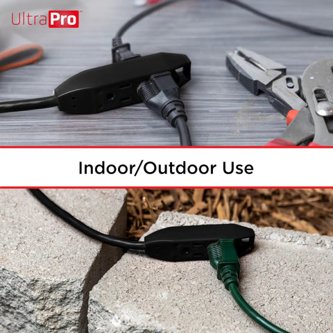 Beefy Triple Outlet 15 Ft Indoor Extension Cord 16 Gauge Grounded Power Strip with tools on a workbench and outdoor setup.