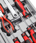 Close-up of 205 Piece Ratchet Wrench Tool Set With 1/4, 3/8, 1/2 Inch Drives, SAE And Metric Socket Kit In Plastic Toolbox
