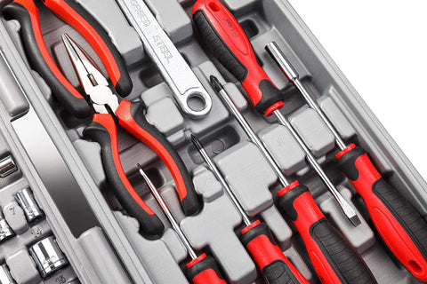 Close-up of 205 Piece Ratchet Wrench Tool Set With 1/4, 3/8, 1/2 Inch Drives, SAE And Metric Socket Kit In Plastic Toolbox