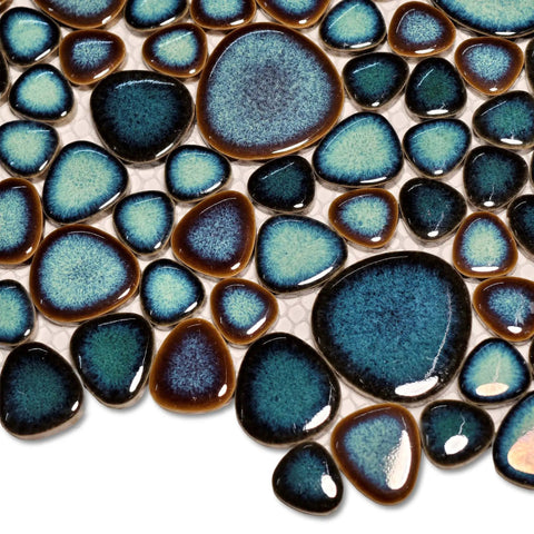 Artisan Pebble Mosaic Tile Sheet With Irregular Blue Green Stone Look Ceramic Waterproof Shower Floor And Wall Tiles