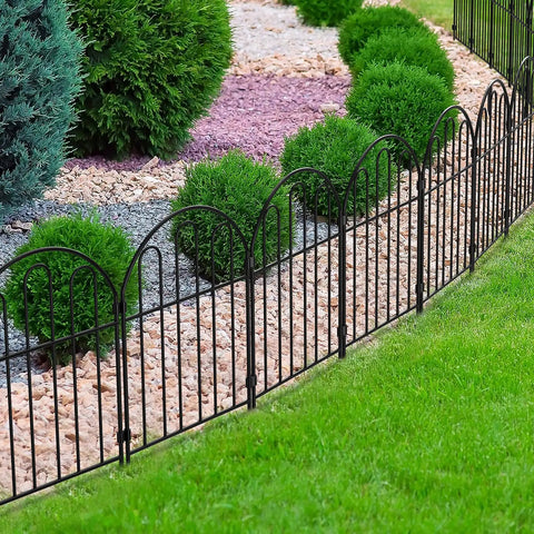 Decorative Garden Fence Panels 10 Pack, 22 Inch High By 13 Inch Wide Metal Border Edging For Outdoor Patio And Yard, 10 Feet Total Length When Connected, Rustproof Arched Fence For Gardens Borders And Pathways, installed view