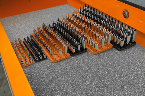 Six Piece Three Row Socket Organizer Trays In Orange For One Quarter Three Eighths One Half Inch Drive Keeps Sockets Neat And Ready With Deep And Shallow Toolbox Storage For SAE And Metric Sets