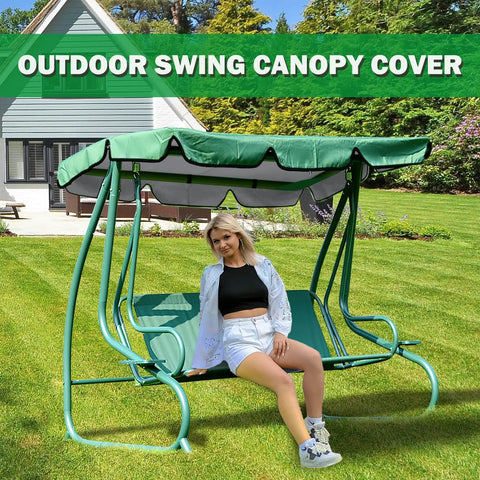 Weatherproof Swing Canopy Replacement Cover For 2-3 Seater Porch Swing with person sitting, outdoor garden setting