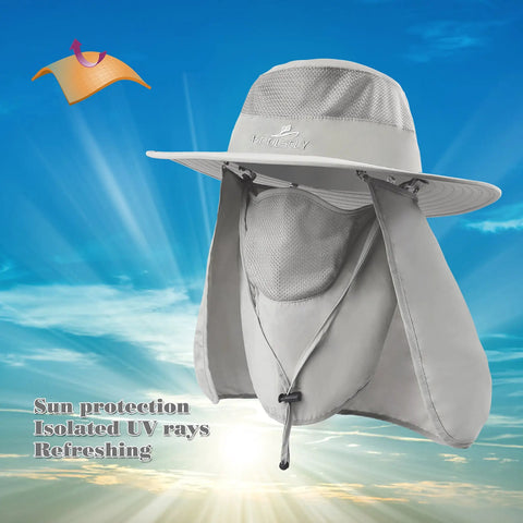 Sun Protection Hat With 360 Degree UPF 50 Shield And Removable Neck Flap For Men And Women in light grey with face shield