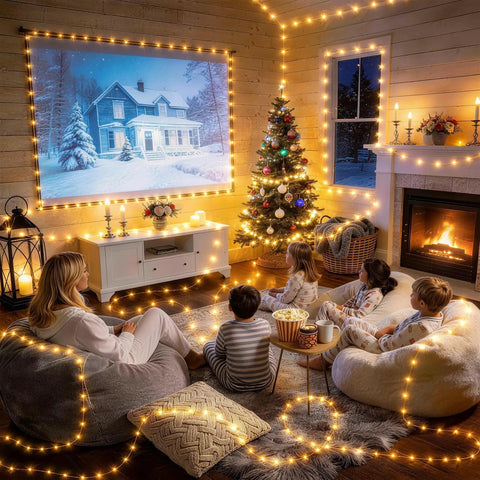 Family room decorated with Rechargeable 33Ft 100LED Copper Wire String Lights With Timer And 13 Modes, cozy holiday setting.
