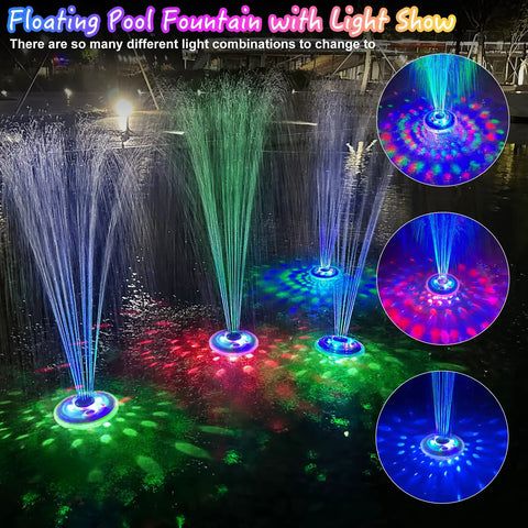 Floating Pool Fountain With LED Underwater Lights And Outdoor Powered Pump 2 Mode Sprinkler Waterfall For Inground And Above Ground Pools And Ponds Blue Light Show 1 Pc in action showing colorful water display at night.