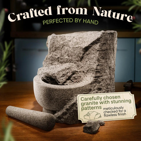 Unpolished Granite Mortar And Pestle Set One And A Half Cup Capacity Heavy Duty Stone Grinding Tool displayed with granite texture