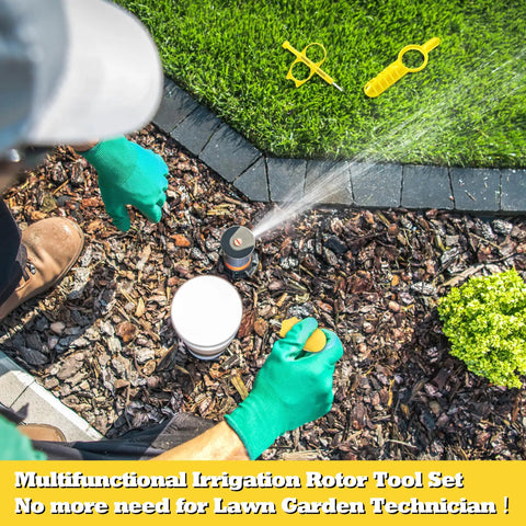 Person using Sprinkler Tool Kit For Quick Irrigation Fix Compatible With Hunter MP Rotator PGP And Rain Bird 5000 Series Rotor Adjustment And Spray Head Pull Up Tools for garden maintenance.