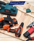 Various power tools including drills, sander, and jigsaw on a wooden surface labeled 'Electrical Tools'