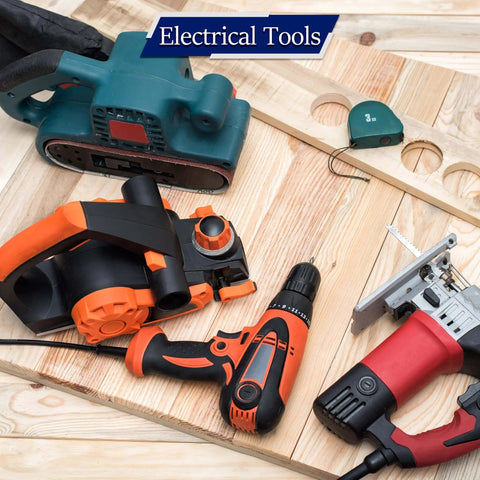 Various power tools including drills, sander, and jigsaw on a wooden surface labeled 'Electrical Tools'