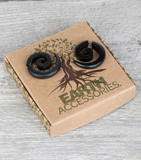Spiral Fake Gauge Earrings Set In Black With Organic Wood And 316L Surgical Steel, unisex faux plugs on Earth Accessories box.