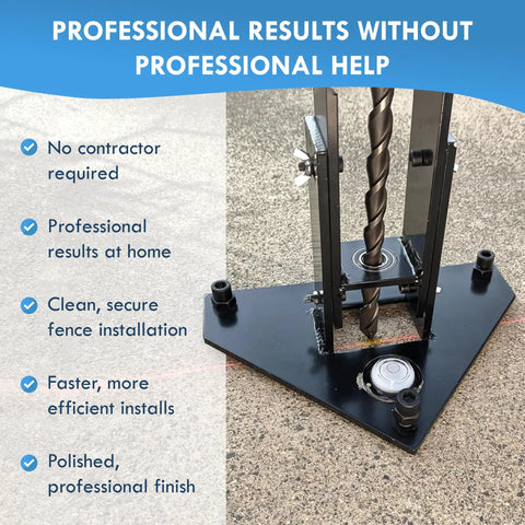 Smooth Operator Hammer Drill Guide For Pool Fences With Pro Level Bubble Indicator on concrete surface for precise drilling.