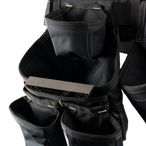 Close-up of 1680 Denier Poly Framer's Tool Belt With Suspenders Built Tough Ballistic Ripstop Fabric, showing 19 pockets design.