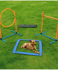 Durable Indoor Outdoor Dog Agility Set With Jump Rings Poles Pause Box And Storage Bag Three Sets For Your Backyard Training Easy Setup Portable Safe For All Breeds And Their Pups on grass with dog resting on blue pause box.