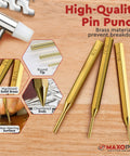 Three brass punches with labeling, detail insets showing rounded tips, chamfered ends, and non-marring surface for crafts.