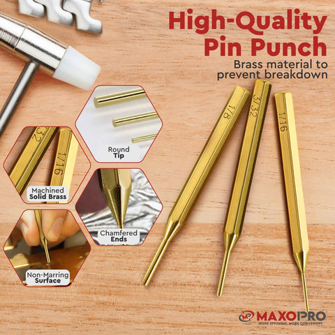 Three brass punches with labeling, detail insets showing rounded tips, chamfered ends, and non-marring surface for crafts.